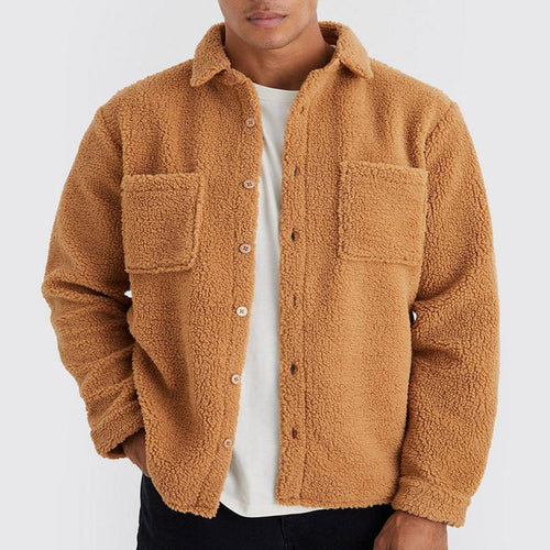 Men Autumn Woven Cardigan Jacket With Polo Collar Loose Fit And Side Seam Pockets
