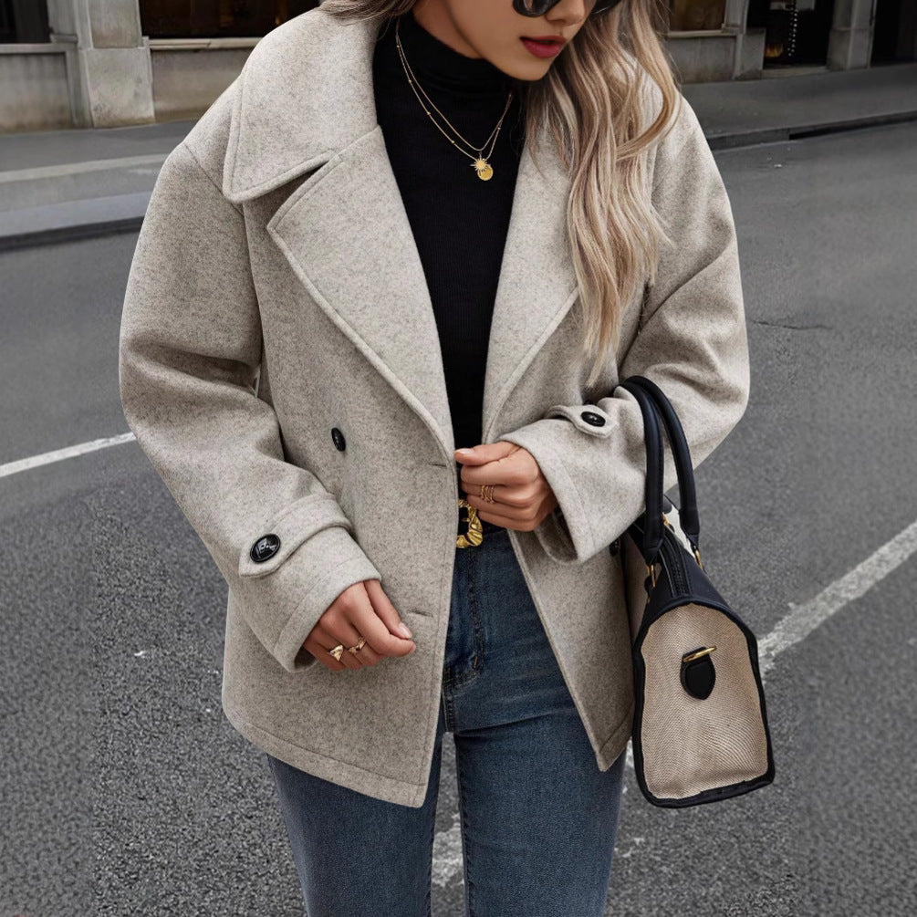 Women Winter Loose-Fit Coat With Button Closure Long Sleeves And Solid Color