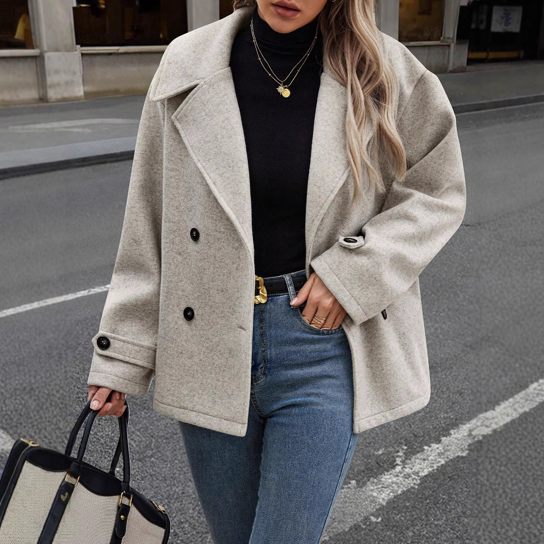 Women Winter Loose-Fit Coat With Button Closure Long Sleeves And Solid Color