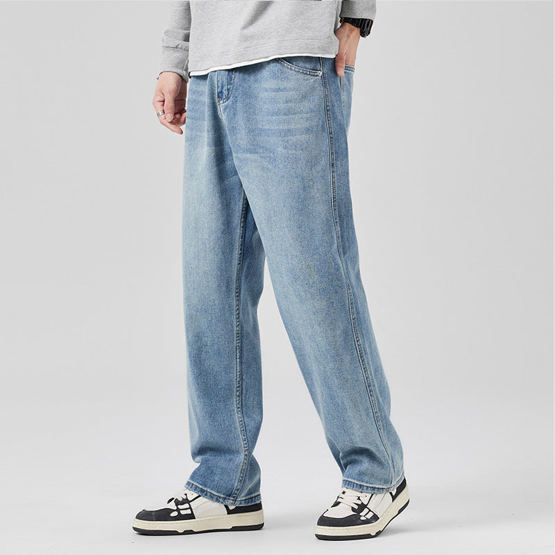 Men Autumn Loose Fit Mid-Waist Denim Jeans With Drawstring Waist
