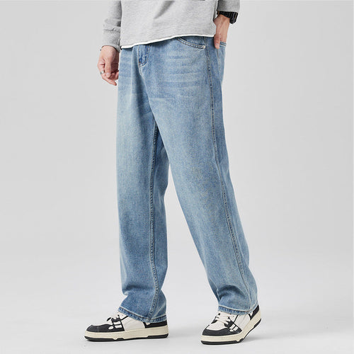 Men Autumn Loose Fit Mid-Waist Denim Jeans With Drawstring Waist