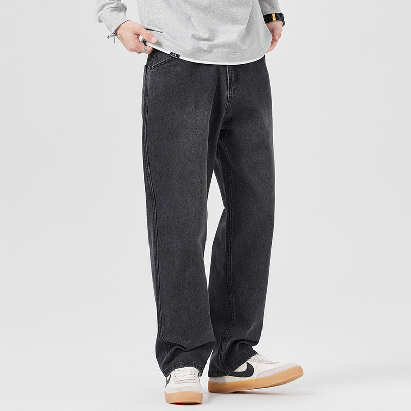 Men Autumn Loose Fit Mid-Waist Denim Jeans With Drawstring Waist
