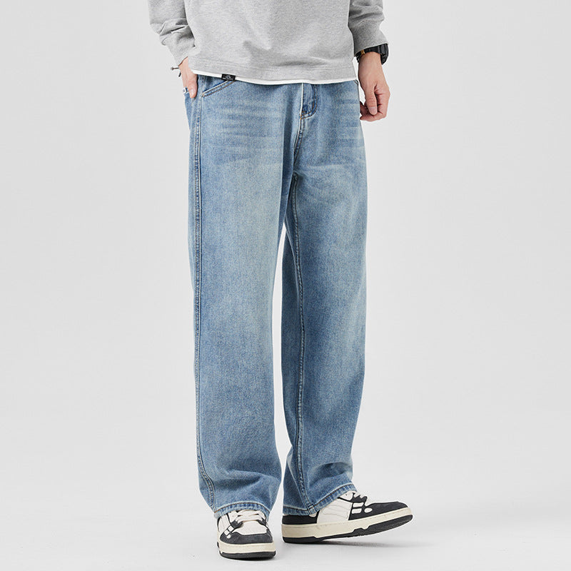 Men Autumn Loose Fit Mid-Waist Denim Jeans With Drawstring Waist