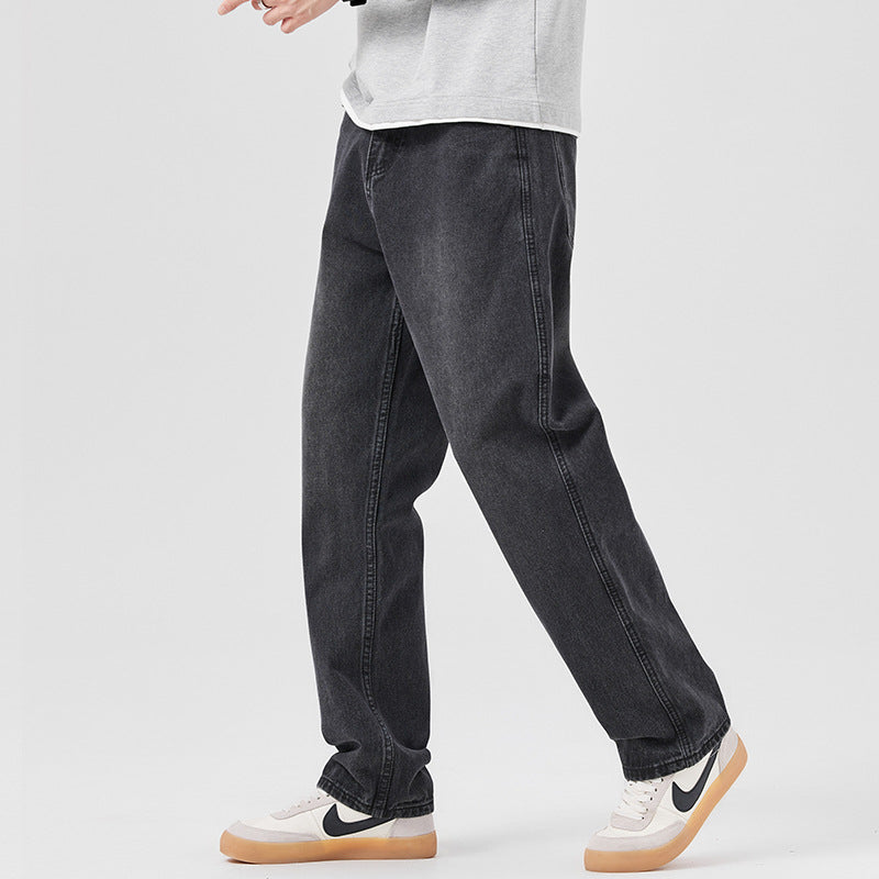 Men Autumn Loose Fit Mid-Waist Denim Jeans With Drawstring Waist