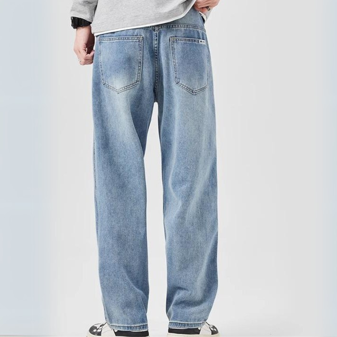 Men Autumn Loose Fit Mid-Waist Denim Jeans With Drawstring Waist