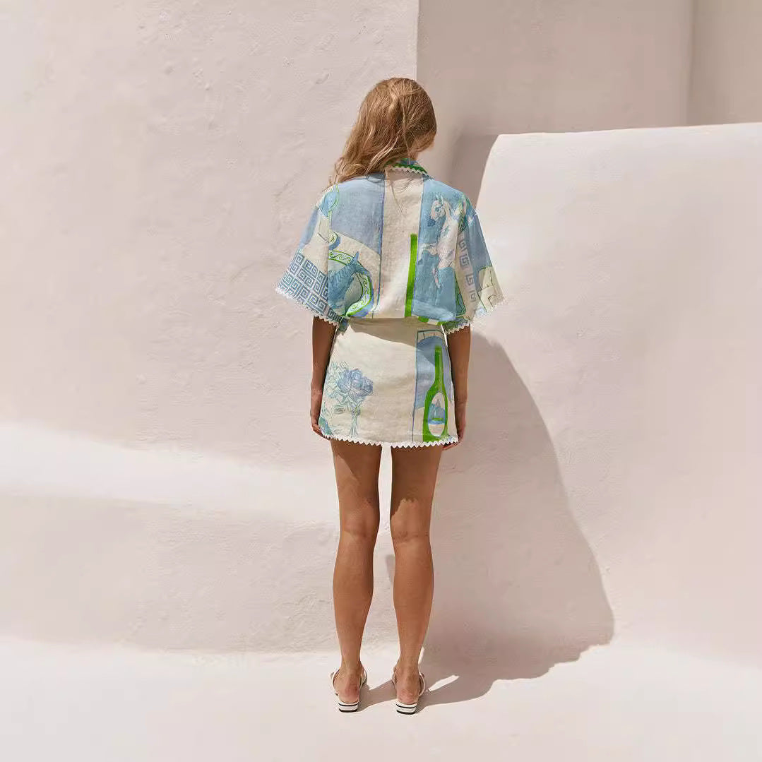 Women Spring Summer Two-Piece Set Geometric Lace Print Embossed Texture Top and Bottom
