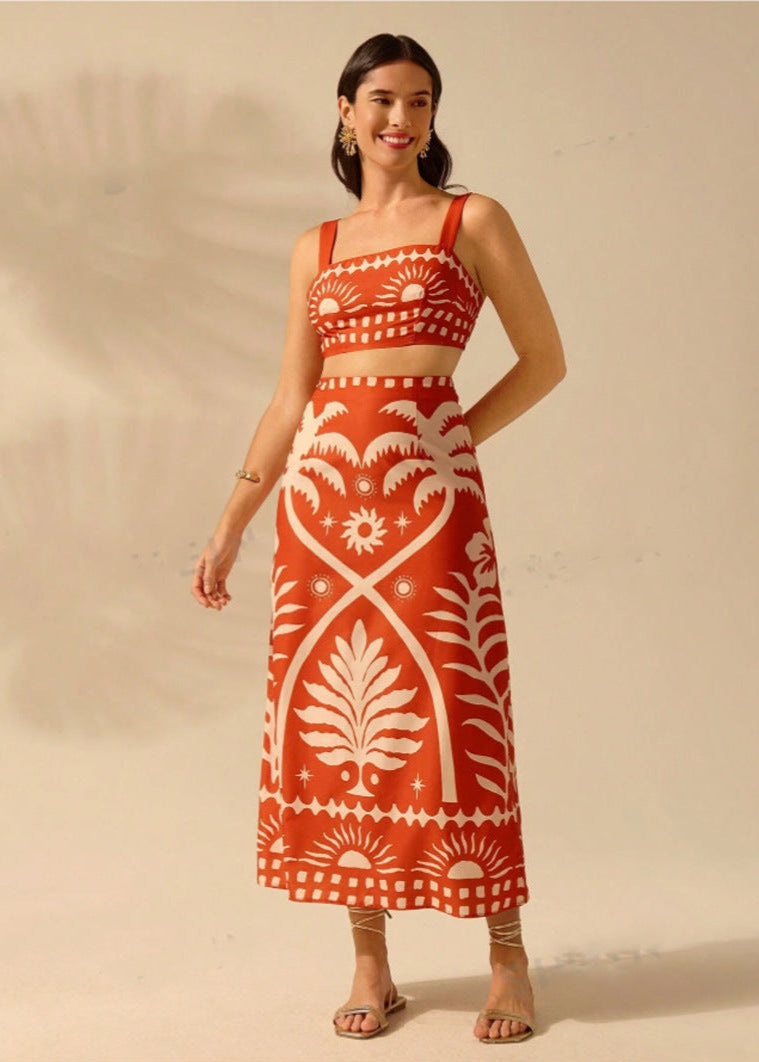 Women Summer Two-Piece Set Tropical Print Strap Top Maxi Skirt Lace-Up Front