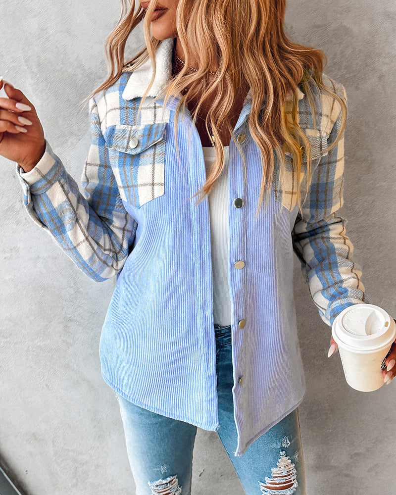 Women’s Autumn Corduroy Jacket With Color Block Print And Relaxed Fit