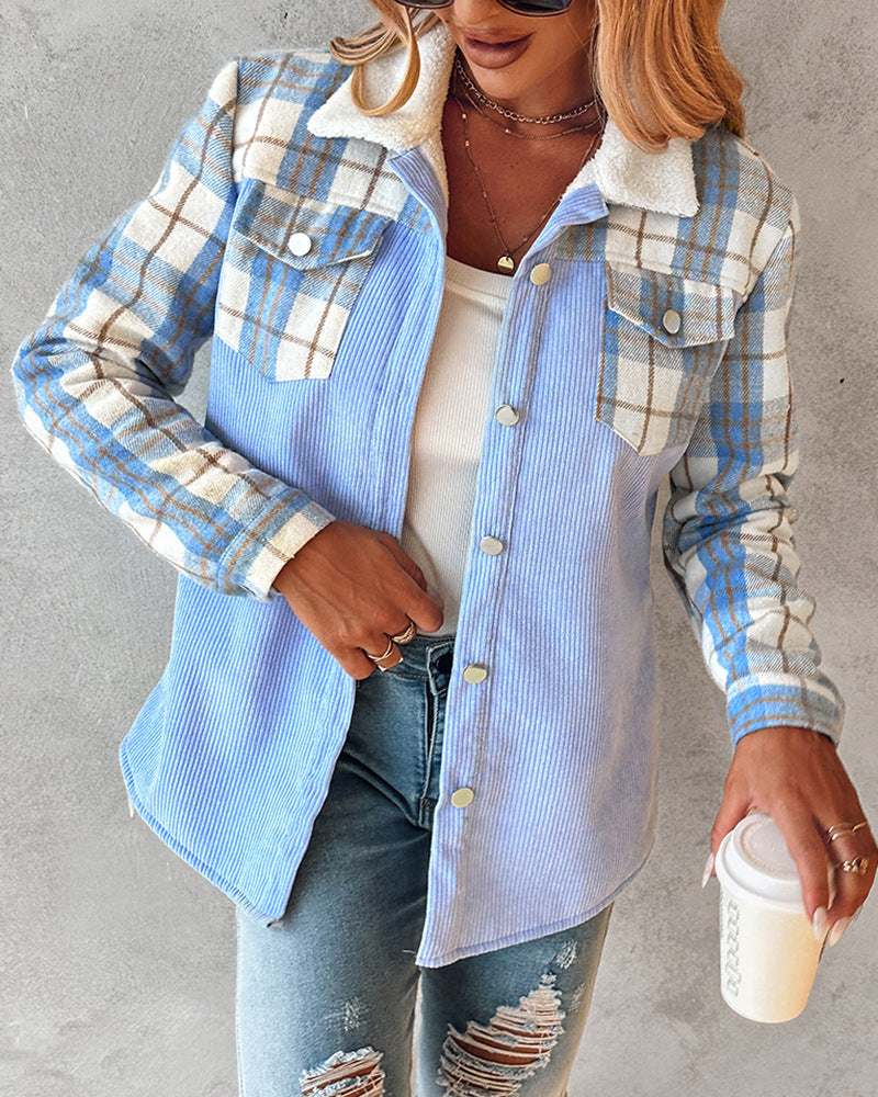 Women’s Autumn Corduroy Jacket With Color Block Print And Relaxed Fit